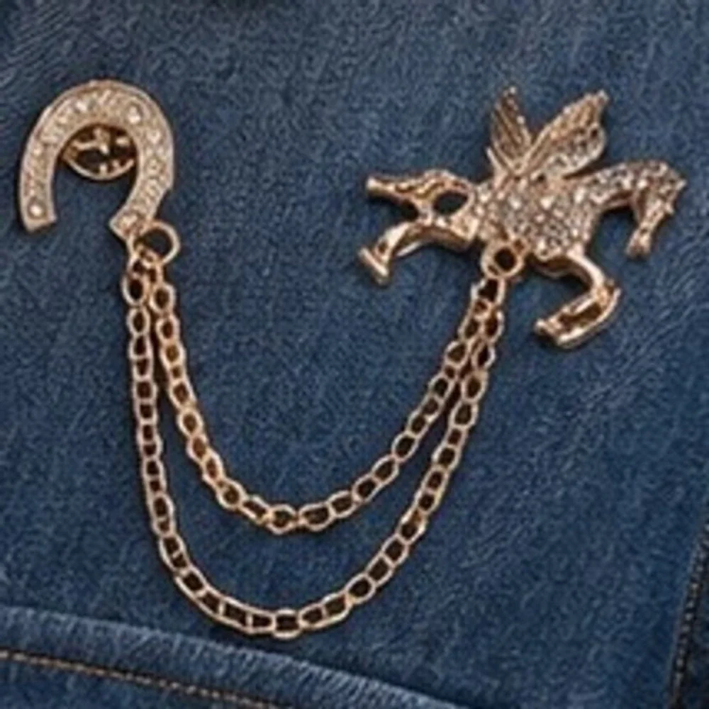 Pegasus & Horseshoe Rhinestone Draped Chain Brooch Collar Pin Hat Accessory